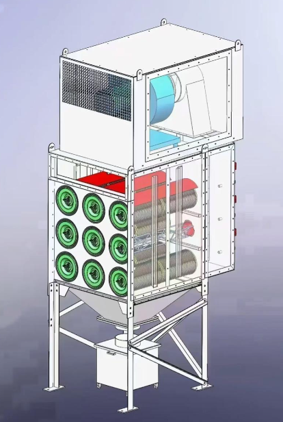 滤筒除尘器结构图解:标注箱体、滤筒、脉冲阀、灰斗、风机等主要部件